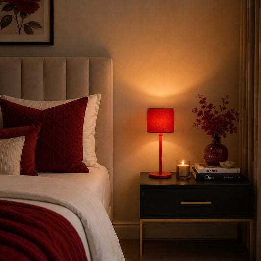 Red Table Lamp | Modern Fabric Shade Bedside Light