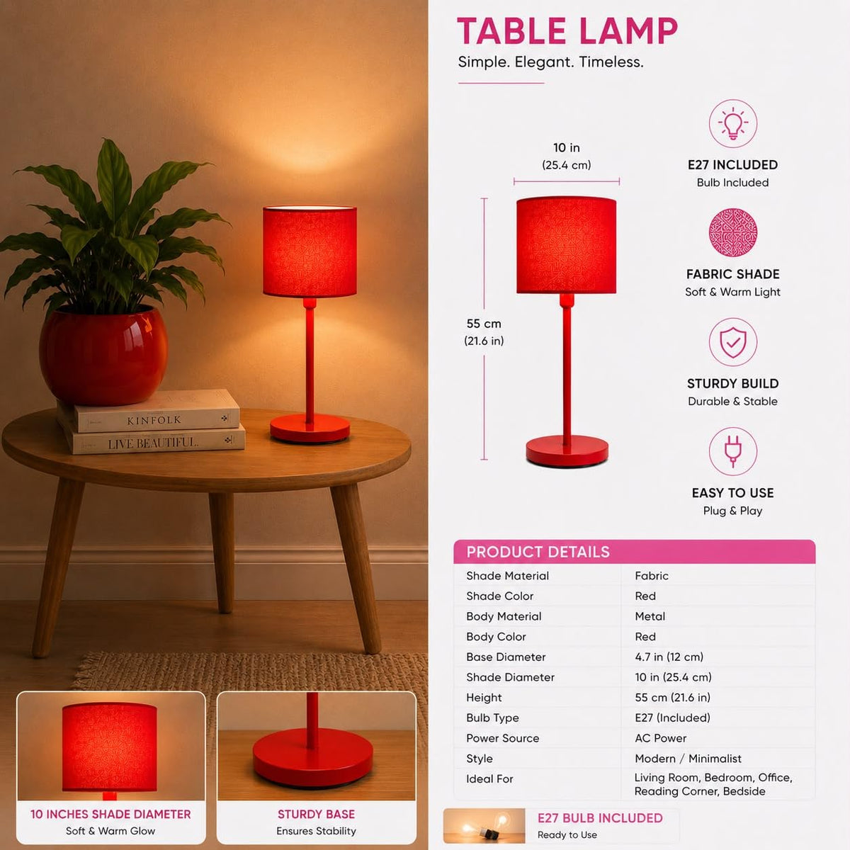 Red Table Lamp | Modern Fabric Shade Bedside Light
