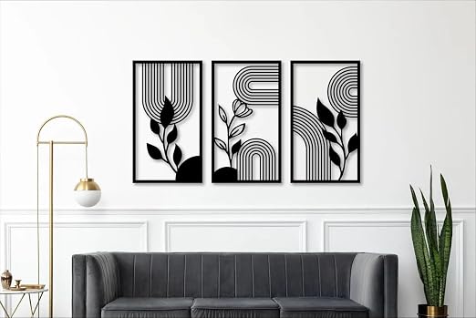 Abstract Leaf Wall Art Set of 3 | Black MDF Botanical Wall Decor