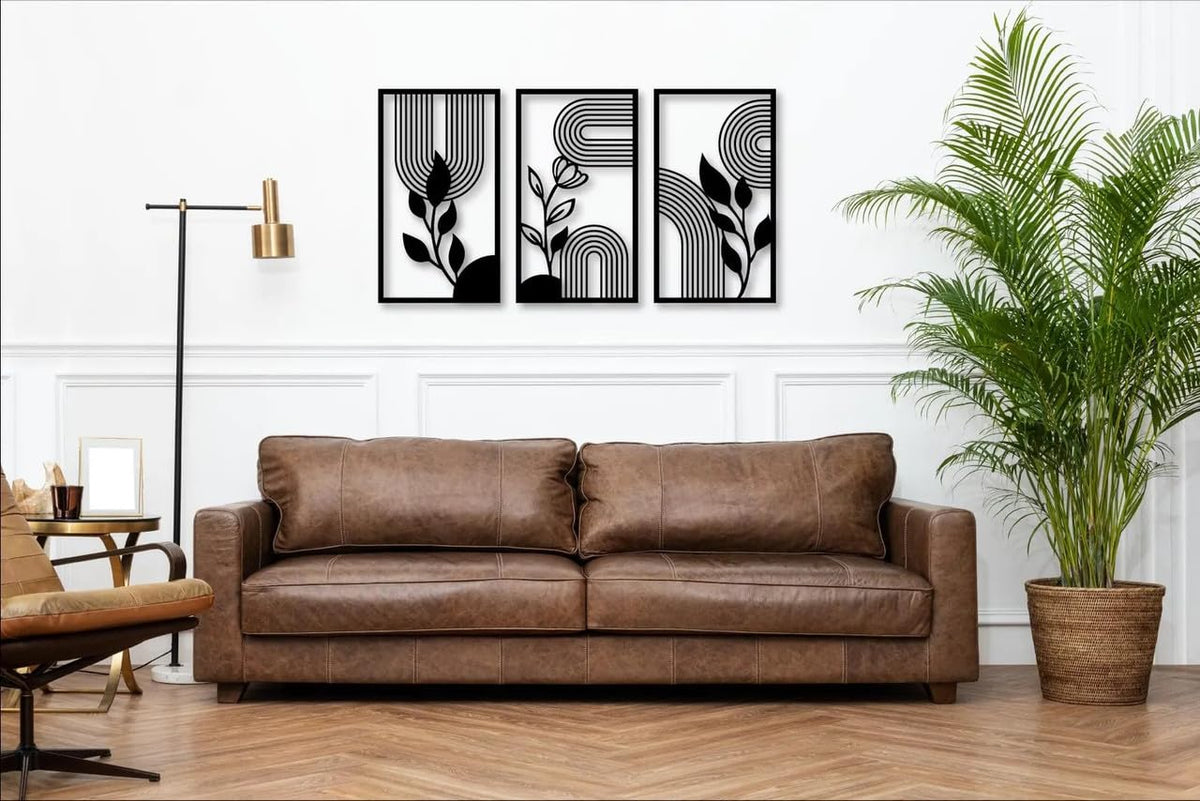Abstract Leaf Wall Art Set of 3 | Black MDF Botanical Wall Decor