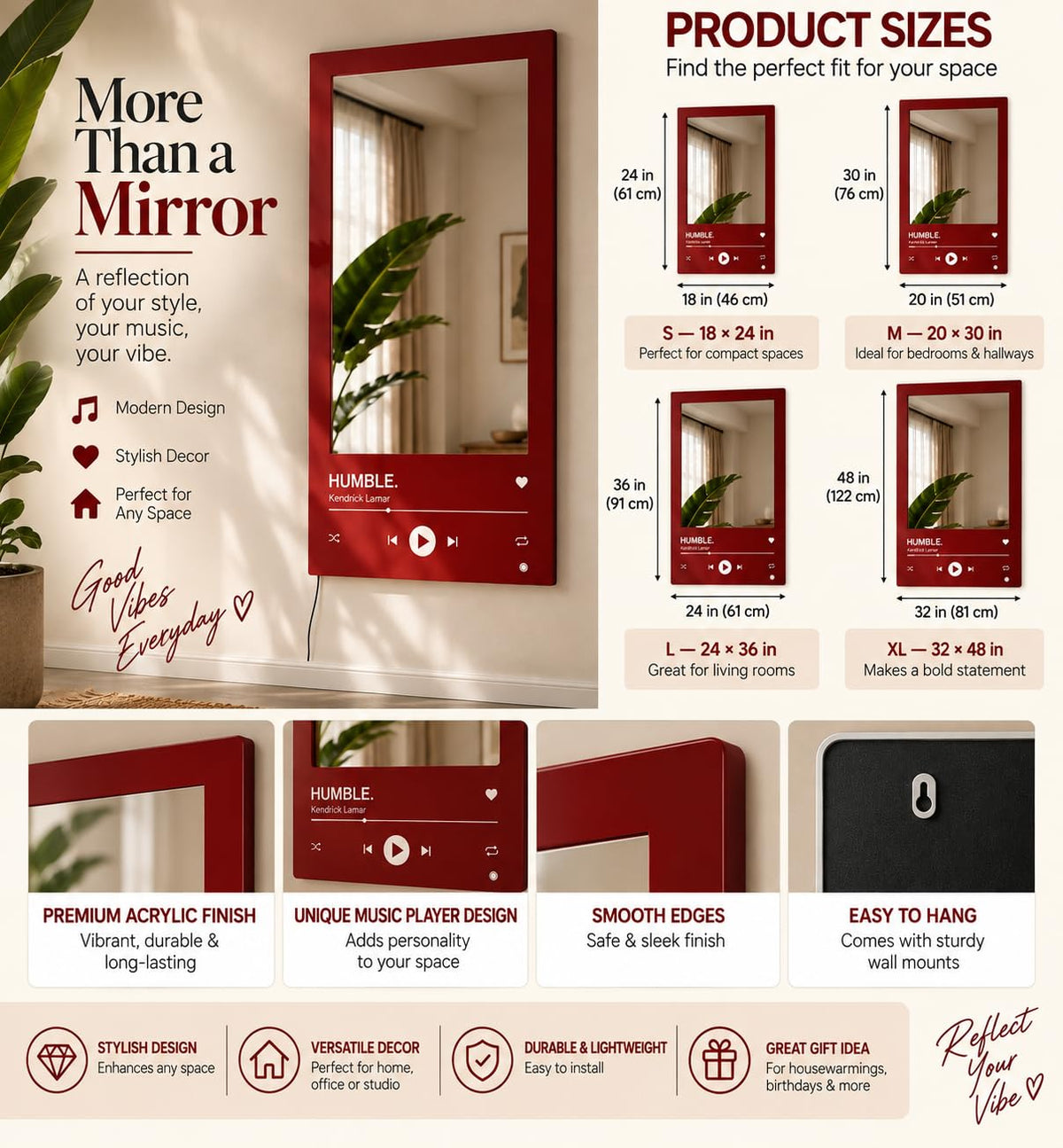 Music Player LED Wall Mirror – Premium Acrylic Room Decor
